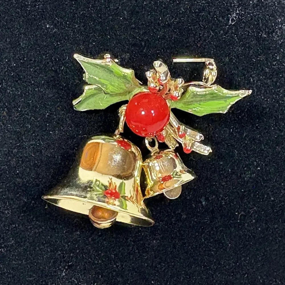 Double Brass Ringing Bells Enameled Holly Brooch Pin Vintage Christmas Holiday